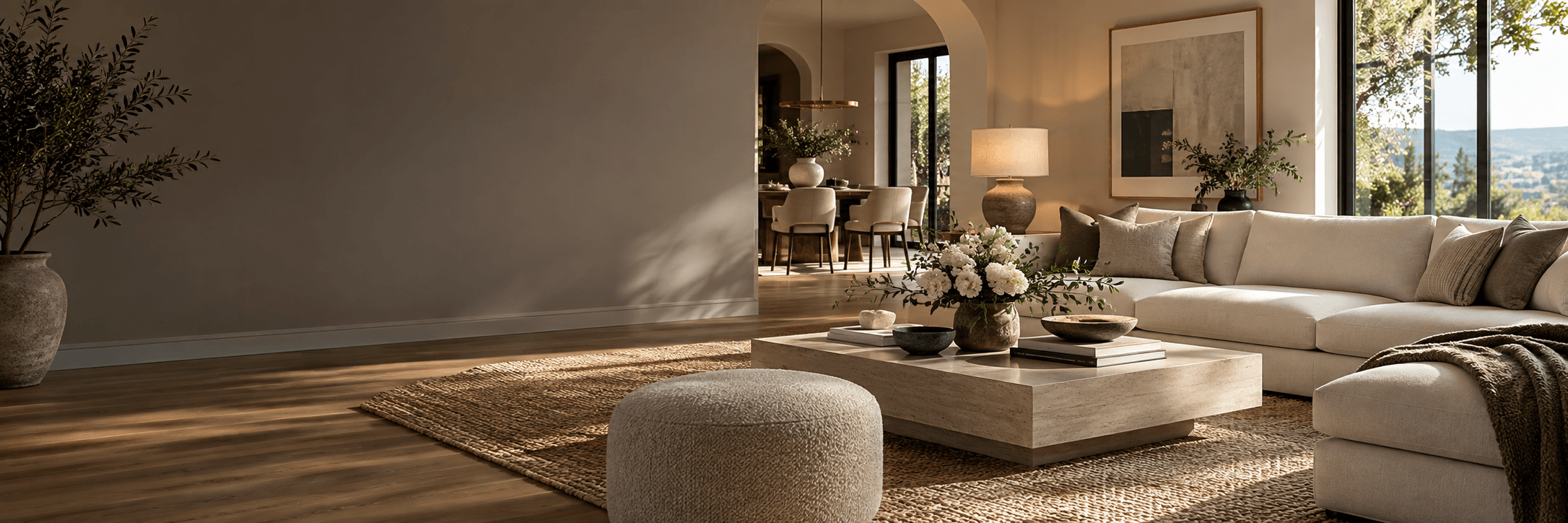 A warmly styled living room with natural textures, sculptural furniture and afternoon light